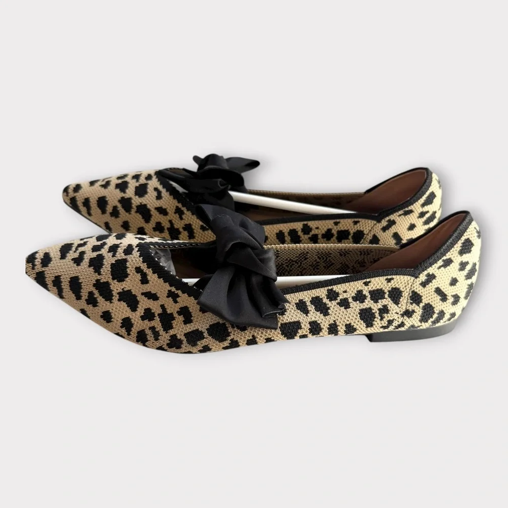 New! Breathable Mesh Knit Ballet Flat Bow Pointed Toe Slip On Leopard Shoes